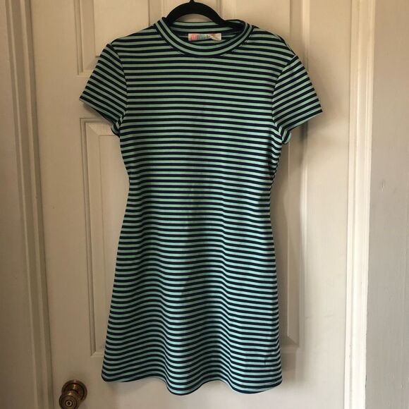 Free People Beach Turquoise Blue Striped ON THE LINE Ponte Dress Sz Medium - Picture 3 of 8